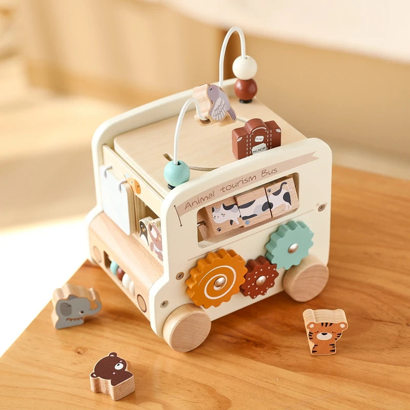 Montessori Baby Wooden Busy Bus - 5-in-1 Educational Car Toy