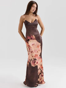 Women's Satin Floral Print Backless Maxi Dress