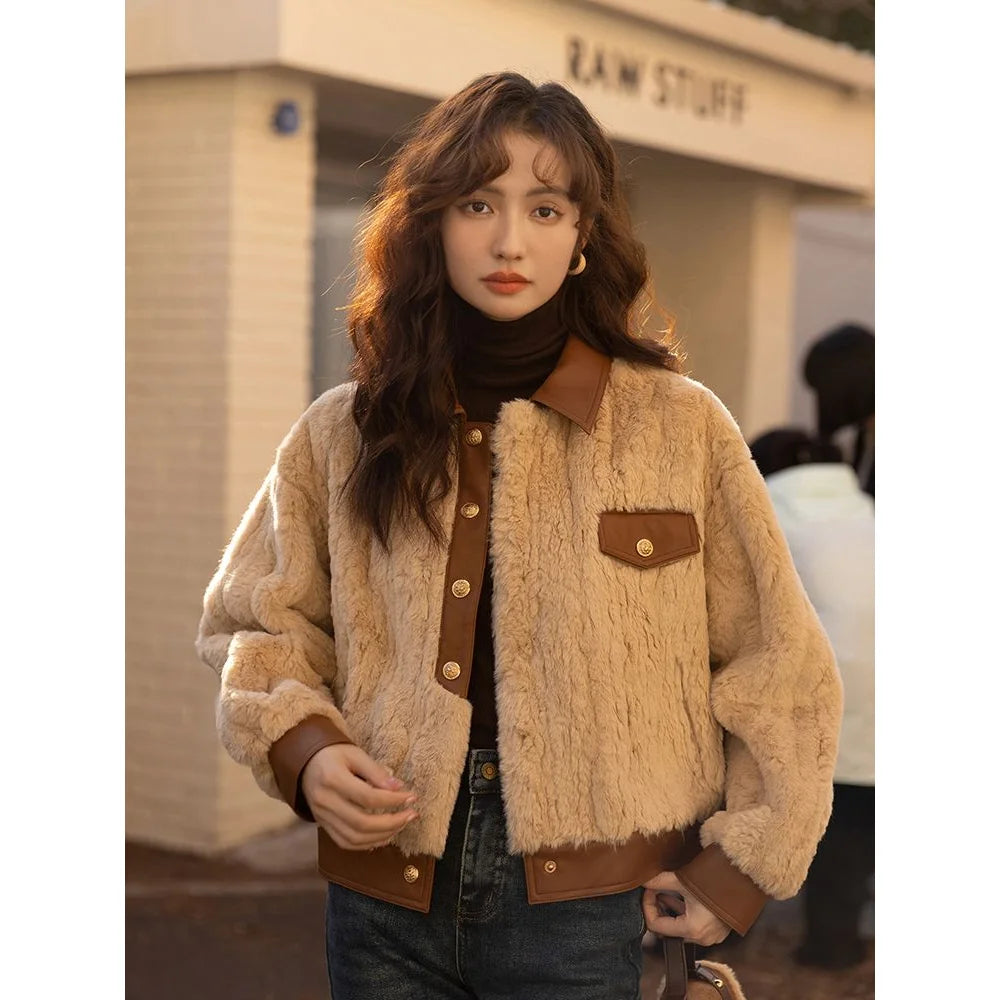 Women's Lapel Single-Breasted Patchwork Fur Coat