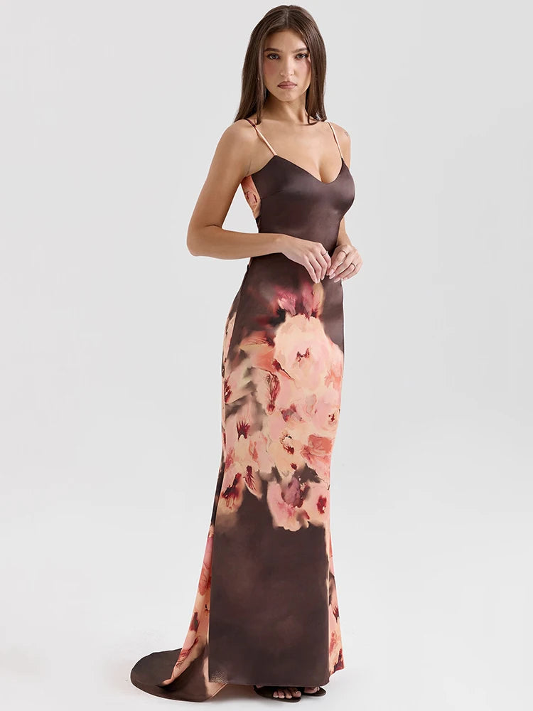 Women's Satin Floral Print Backless Maxi Dress