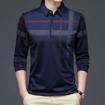 Men's Black Striped Long Sleeve Polo Shirt