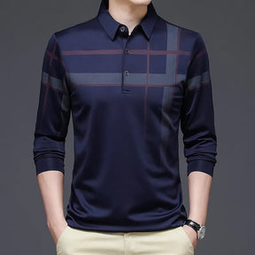 Men's Black Striped Long Sleeve Polo Shirt