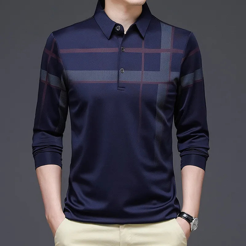 Men's Black Striped Long Sleeve Polo Shirt