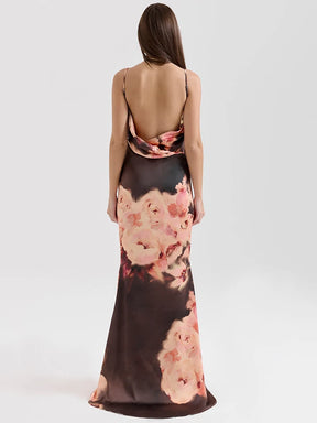 Women's Satin Floral Print Backless Maxi Dress