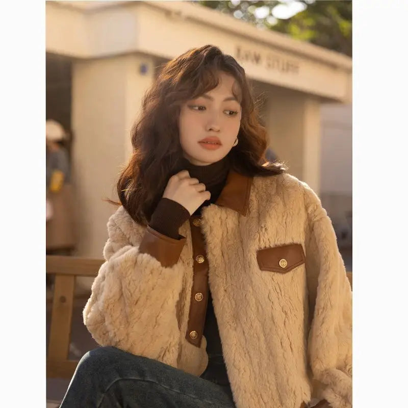 Women's Lapel Single-Breasted Patchwork Fur Coat