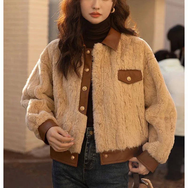 Women's Lapel Single-Breasted Patchwork Fur Coat