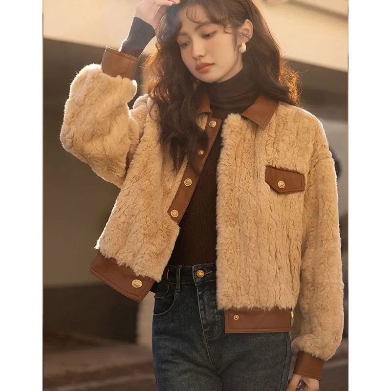 Women's Lapel Single-Breasted Patchwork Fur Coat