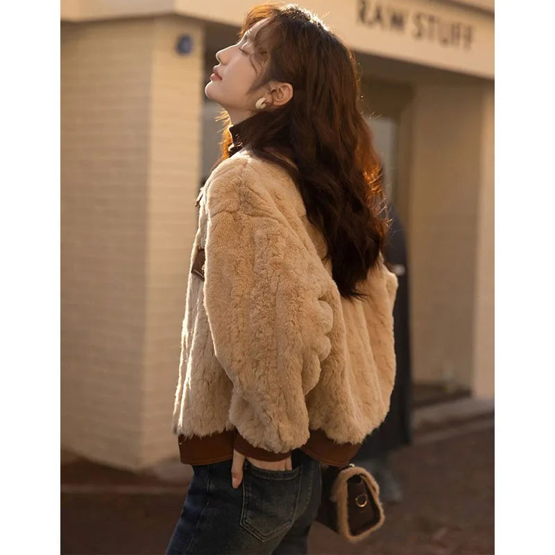 Women's Lapel Single-Breasted Patchwork Fur Coat