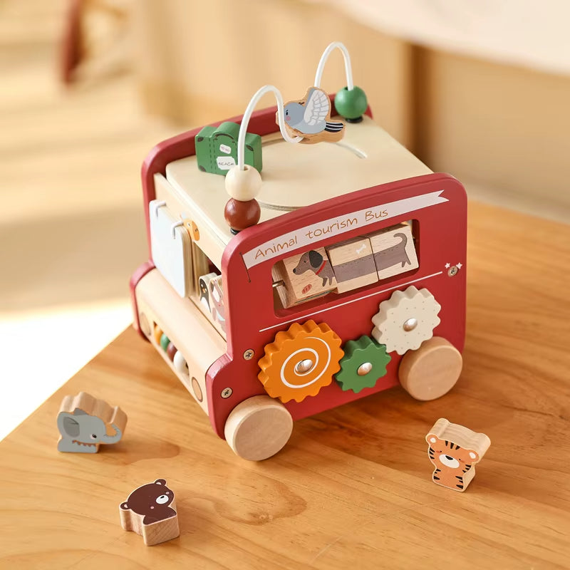 Montessori Baby Wooden Busy Bus - 5-in-1 Educational Car Toy