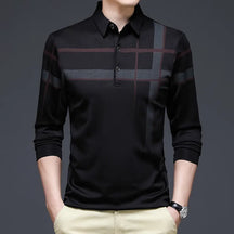 Men's Black Striped Long Sleeve Polo Shirt